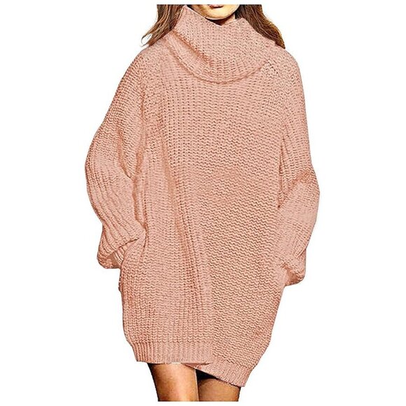 Sweaters - Women's Loose Turtleneck Oversize Long Pullover Sweater Dress Y - Pink